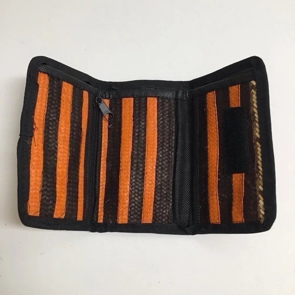 Handmade Woven Straw Wallet Zip Pouch Stripe Clutch Raffia Natural Brown Orange